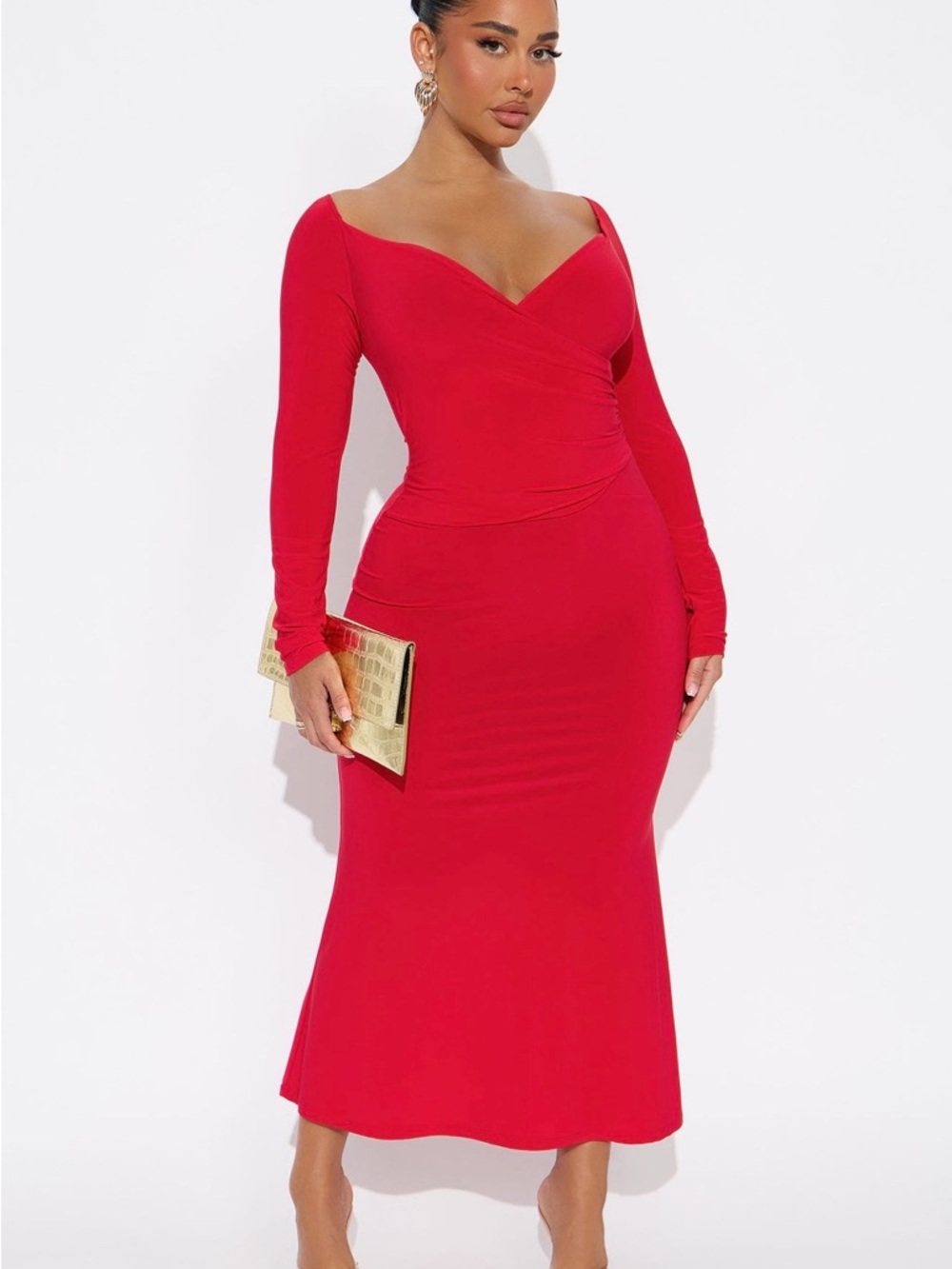 Fashion Nova Red Long Sleeve Wrap-Style Midi Dress